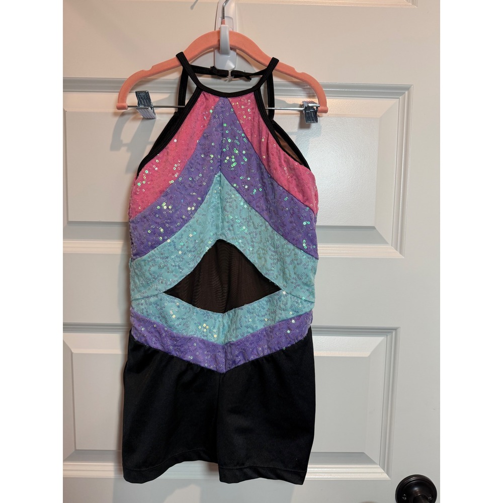 Revolution Dancewear Kids Sequin Chevron Halter Biketard Black Multi RC23983 LC